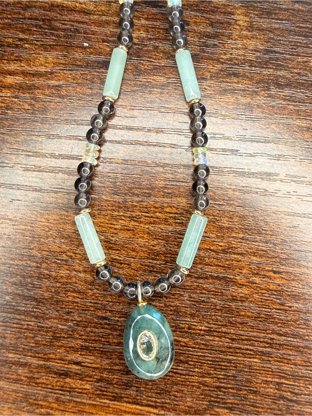 Green Jade, Smoky Quartz and Agate Pendant Beaded Necklace - handmade
